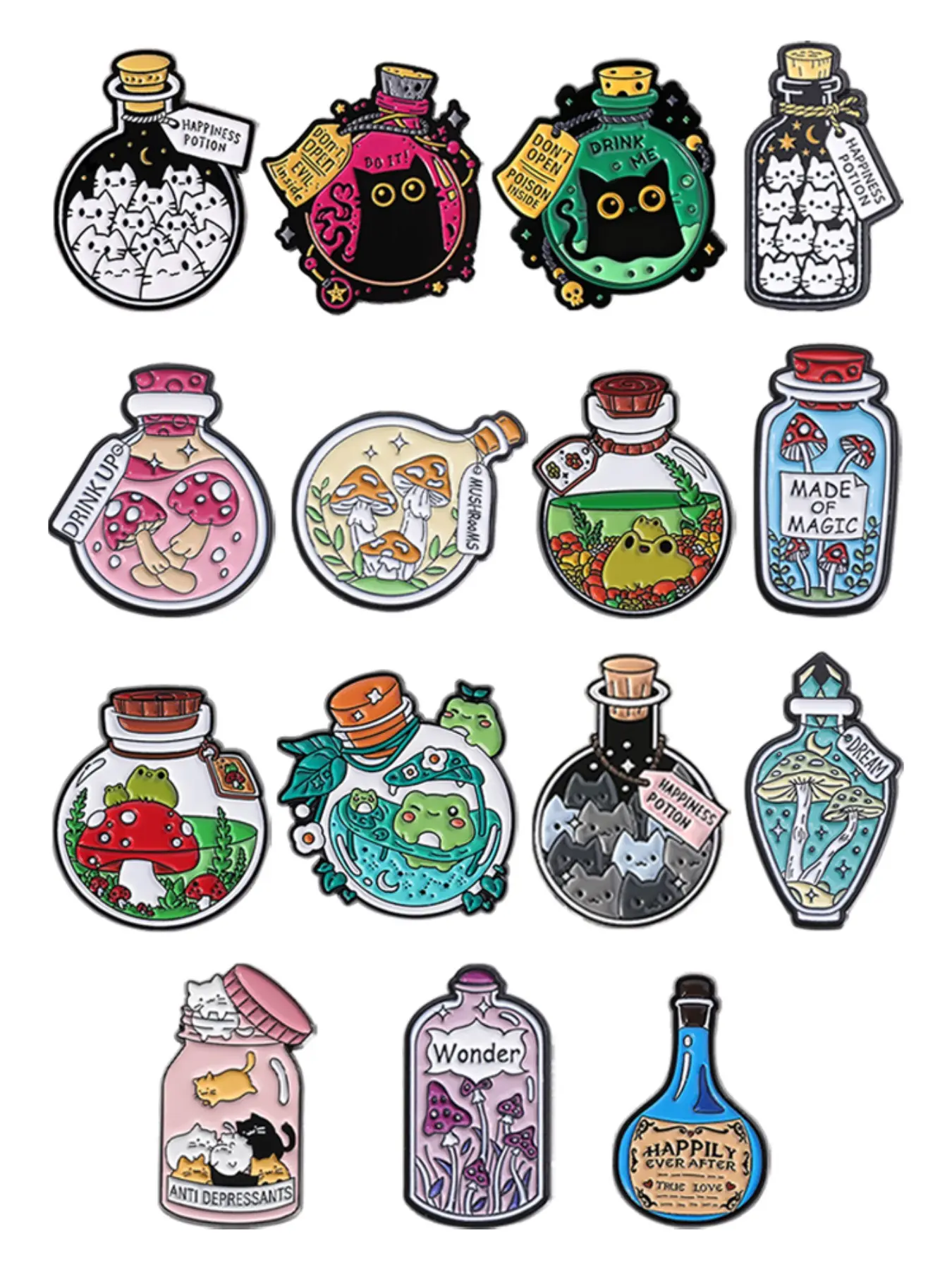 15-Piece Magic Potion Bottle Brooch Set Enamel Pins, Cat Fairy Mushroom Frog Designs, Alloy Lapel Backpack Pins, Decor Pins, Brooch Pin Clip, Fashion Accessories