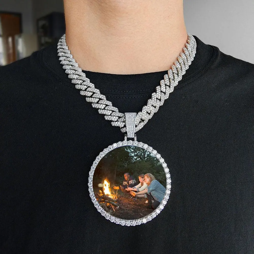 IH Custom Photo Medallion Pendant Necklace Round Zircon Border 18K Gold Plated Natural Sri Lanka Zircon Iced Cuban Chain Hip Hop Men Women