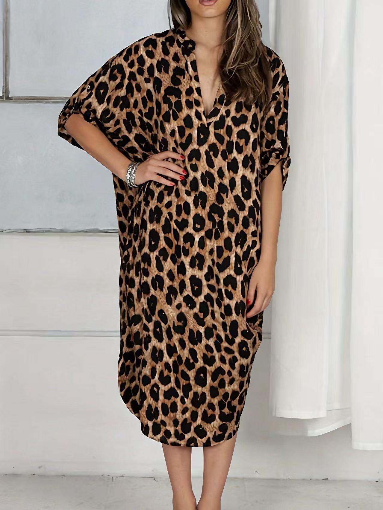 Women's swimsuit cover-up, stand-up collar leopard print robe, beach vacation long dress, loose bikini swimsuit cover-up for women