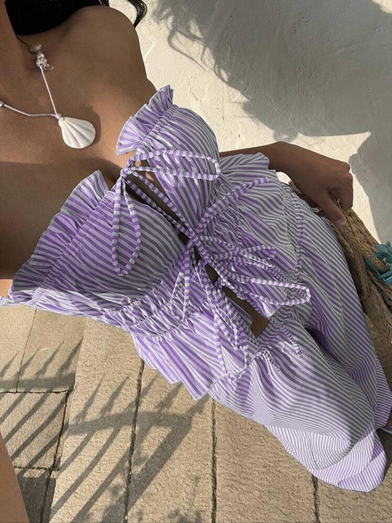 Women's Striped Print Tie Front Top & Wide Leg Pants Set, Casual Fashion Cozy Two-piece Set for Daily Outdoor Wear, Ladies for Summer, Cute Summer Outfit, Casual Loungewear Set, Soft Lounge Sets, Summer Clothing Set