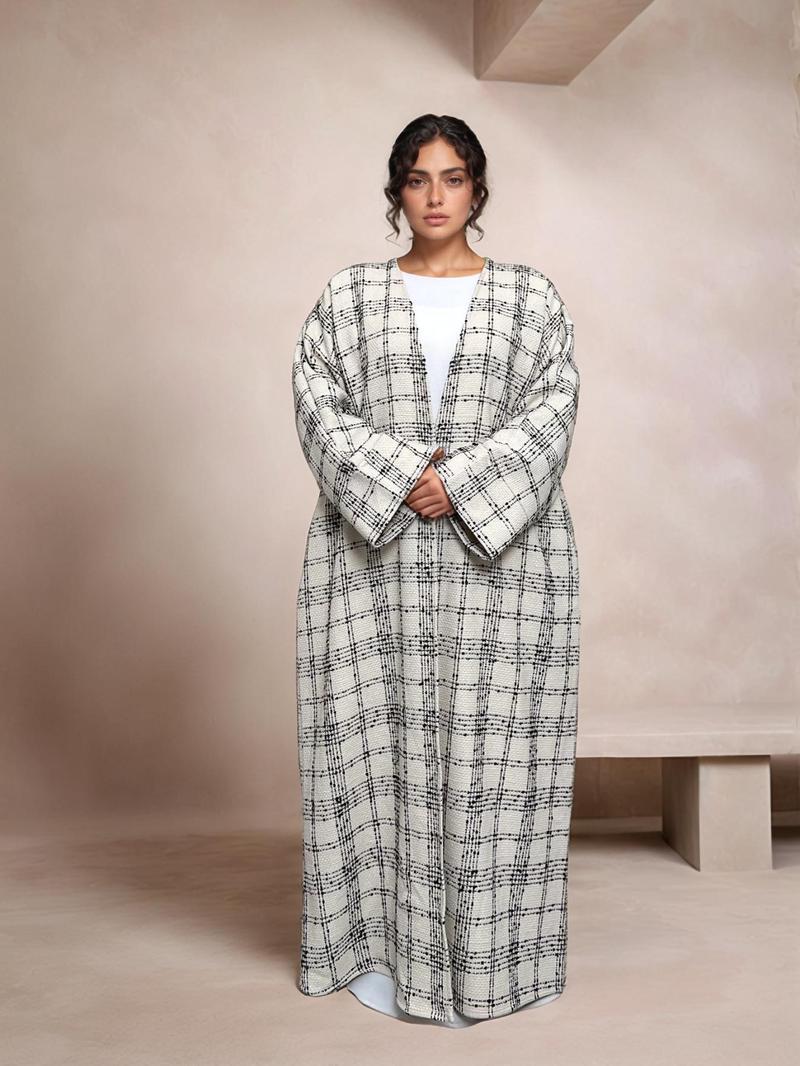 Women's Plaid Print Drop Shoulder Belted Pocket Robe, Casual Long Sleeve Open Front Robe for Fall & Winter, Women's Islamic Clothing for Daily Wear, Modesty Muslim Clothing