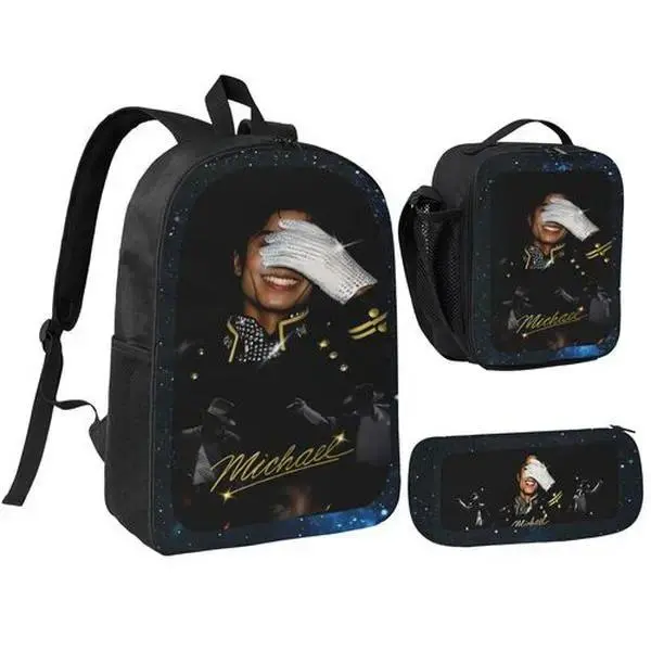 Michael Jackson 3 Piece Kids Backpack Set with Lunch Bag Pencil Case Pop Music Theme School Bookbag Lightweight Travel Daypack Back to School Supplies Ideal Gift for Boys Girls Elementary School Students