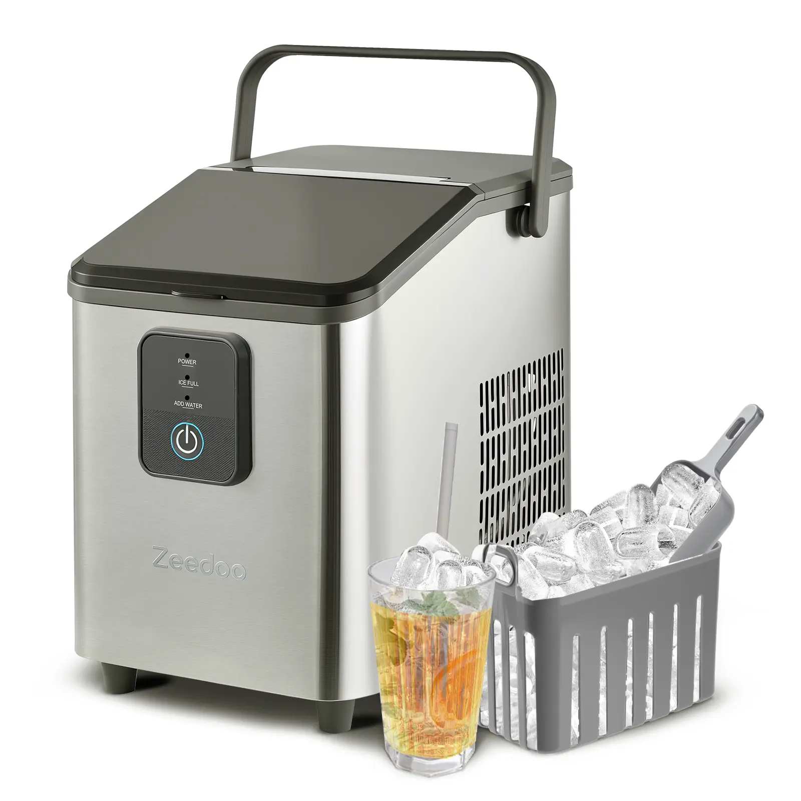 ZEEDOO Portable Ice Maker Countertop, 26lbs/24H Ice Machine with Handle, Compact Lightweight Stainless Steel Design, Slow-Melting Clear Bullet Ice, Self-Cleaning for Home, Kitchen, RV & Camping
