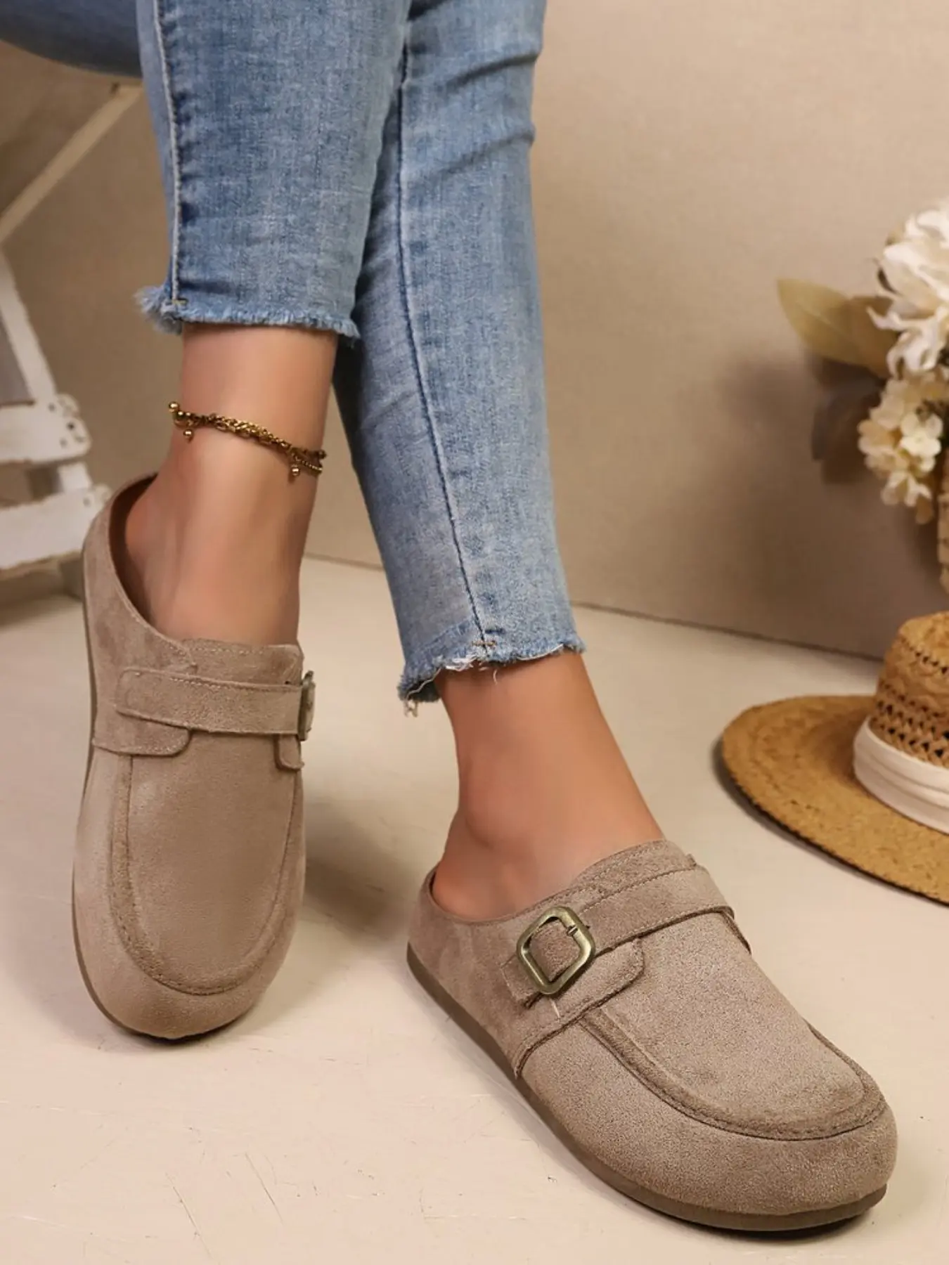 Thick Sole Lazy Half Slip-On Shoes 2026, Versatile Casual Mules, Plain Textile Upper, Rubber Sole, All Seasons, Women's Footwear