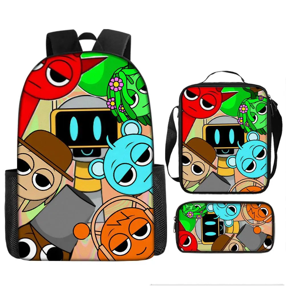 Durable Water Resistant 3-Piece Backpack Set for Kids, Multiple Styles Sprunki Incredibox Music Game Cartoon Creature Print School Backpack with Lunch Bag and Pencil Case