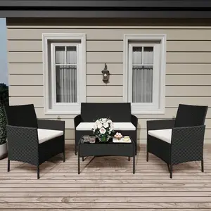 4-Piece Outdoor Furniture Set, PE Rattan Wicker Chairs With Soft Cushions & Tempered Glass Coffee Table - All-Weather Patio Set For Garden, Backyard, Porch, Poolside