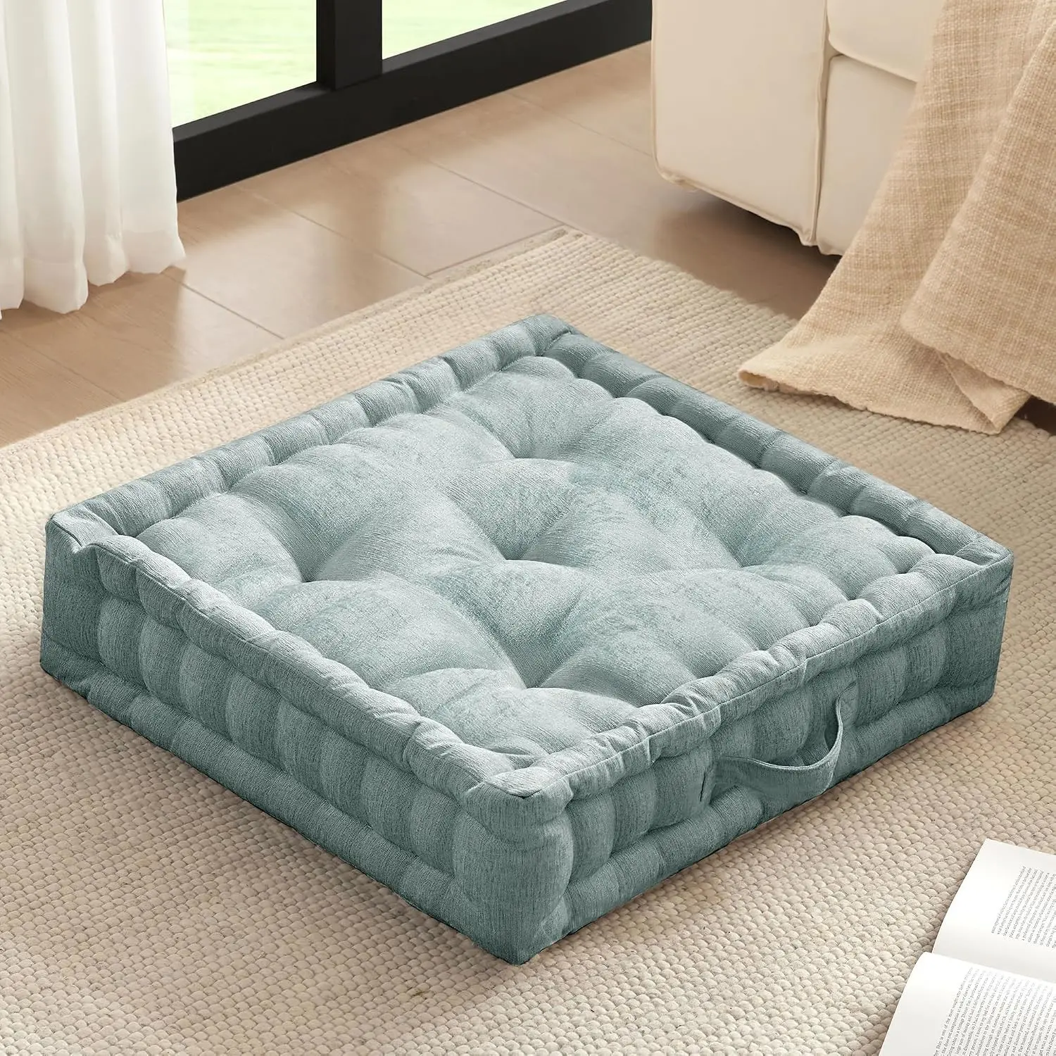 Large 24x24 Aqua Floor Pillow Cushion for Meditation, Yoga, Board Games & Adult Floor Seating, Lustrous Tufted Chenille Cover, Handsewn Scalloped Edge with HandleGift