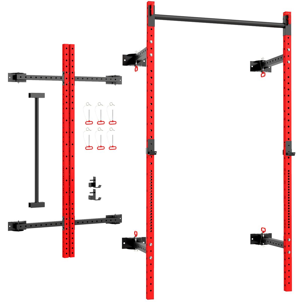 [Fahuac] Soozier Folding Squat Rack with Pull Up Bar, Wall Mounted 1000 lbs Capacity Power Rack, 17-Level Adjustable Barbell Rack, Space Saving for Home Gym Garage, Red
