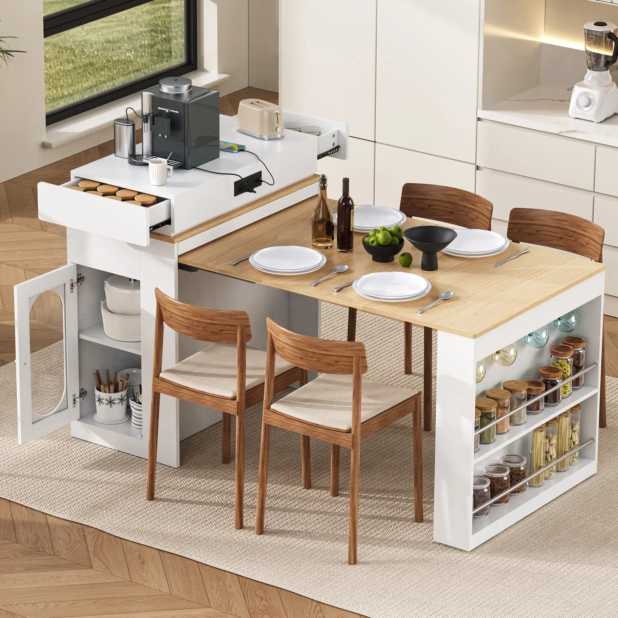 ARCH TREXM Extendable Dining Table with Folding Tabletop, Bar Table with Drawers and Power Outlet, Kitchen Island on Wheels with Hooks, Sideboard Buffet for Kitchen Dining Room, Creamy White+Natural, Living Room Table for Sofa Side, Bedroom