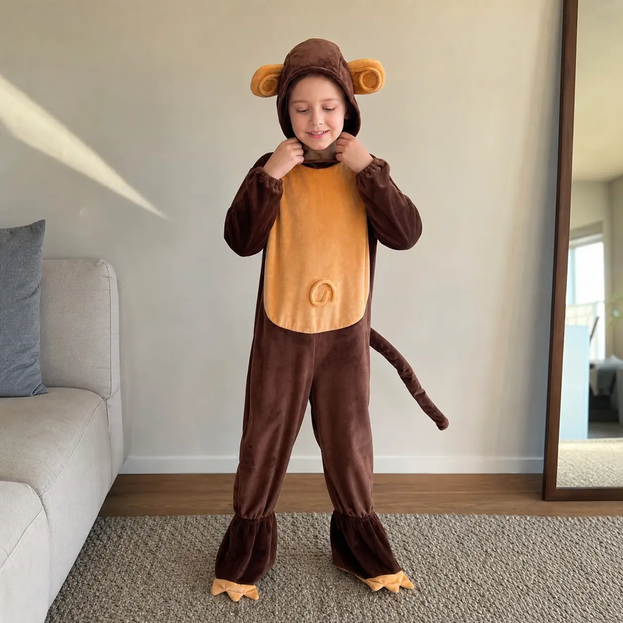 Kids' Brown Monkey Animal Theme Cosplay Jumpsuit - Hooded, Full Length, Neutral Tone, with Tail, Halloween Outfit for Children