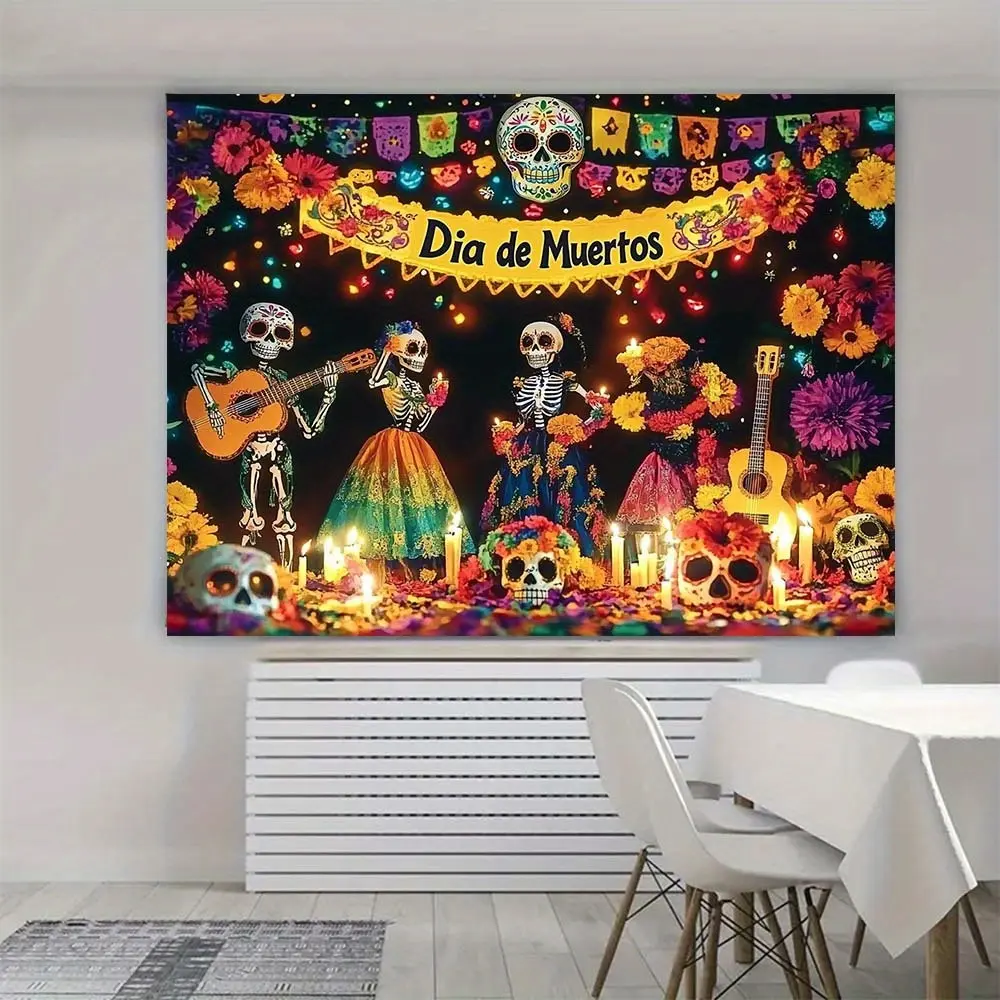 2D Flat Banner Dia de Muertos themed polyester photography backdrop, HD digitally printed soft lightweight foldable background cloth for Day of the Dead holiday parties, event decoration, product photos, portrait shooting, video s