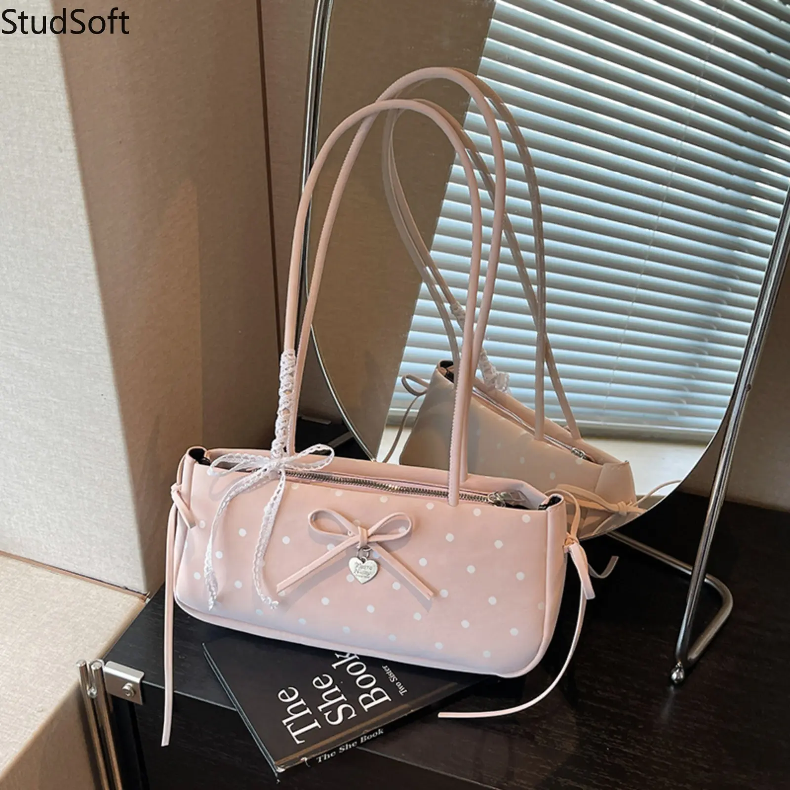 Pink Shoulder Bag Polka Dot Underarm Purse Faux Leather Barrel Handbag with Ribbon Bow Coquette Style Y2K Hobo Bag School Daily,back to school,back to school haul