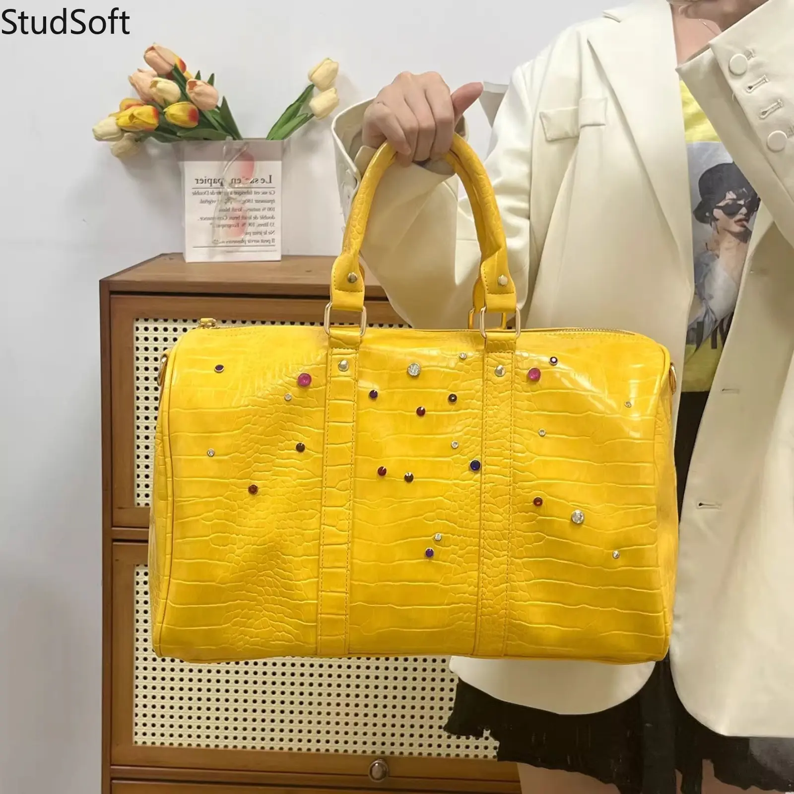 Y2K Yellow Boston Bag for Women, Crocodile Pattern Large Capacity Duffle Purse with Rhinestone Studded, Trendy Top Handle Crossbody Travel Weekend Bag