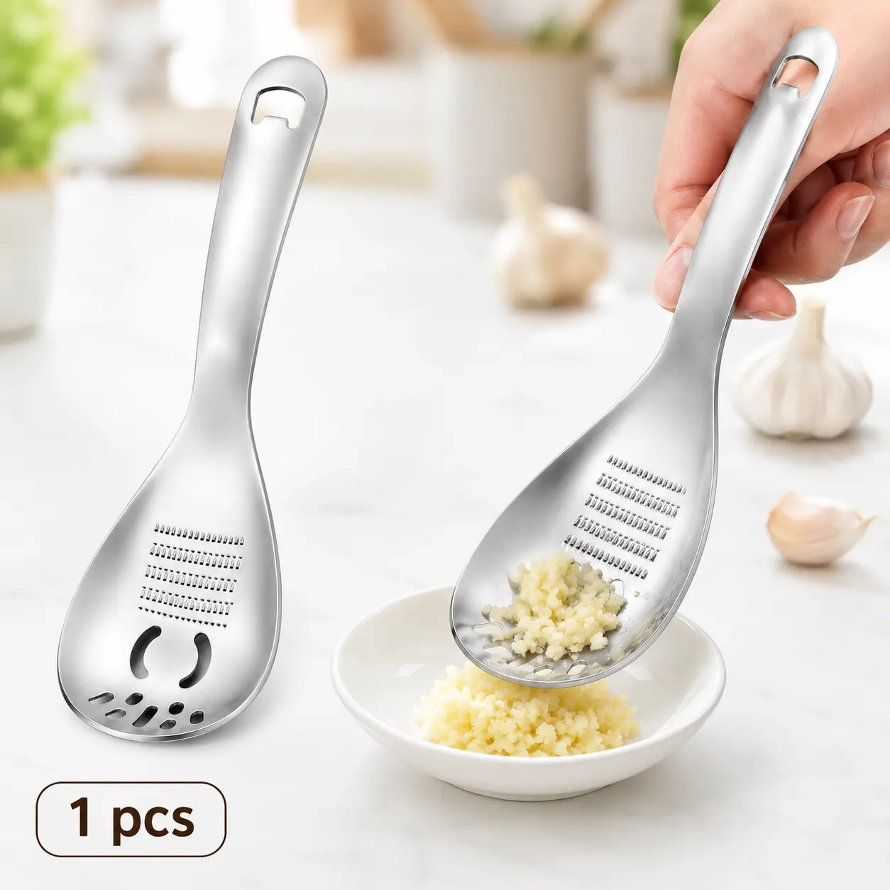 1 Count Stainless Steel Ginger Grater Spoon, Manual Garlic Masher, Multifunctional Kitchen Gadget for Garlic & Ginger