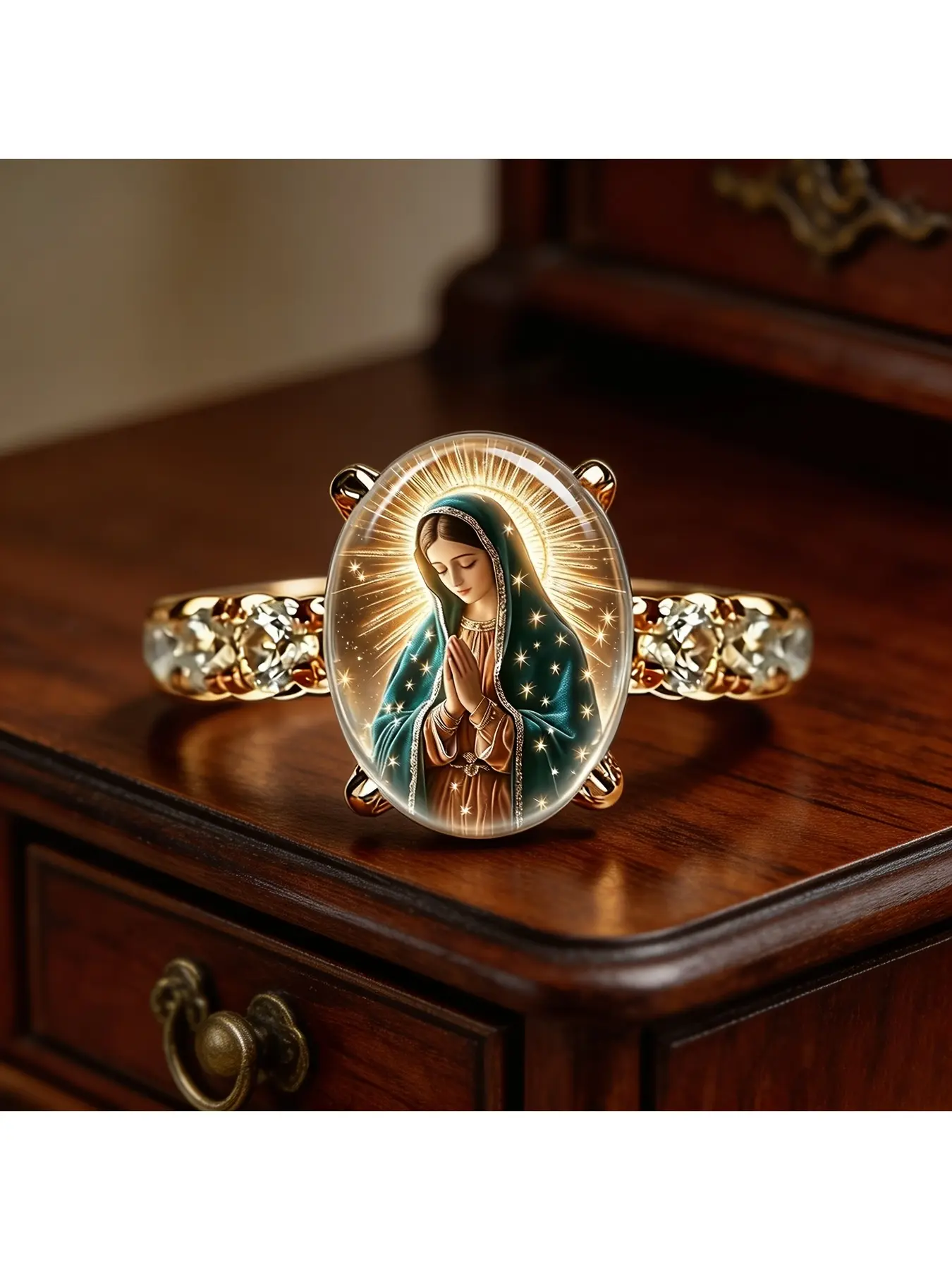 Lady's gold diamond-studded ring, Guadalupe Virgin Mary prayer figure with star pattern accessory, Religious jewelry, religious Catholic-themed vintage design, symbolizing peace and piety. Suitable for daily wear and religious gift decoration