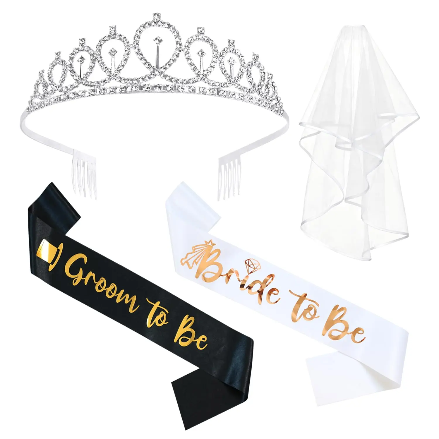 4 Pcs Bachelorette Party Decorations Bride & Groom to be Sash Tiara/Crown Veil Engagement Party Accessories Bridal Shower Gifts for Bride