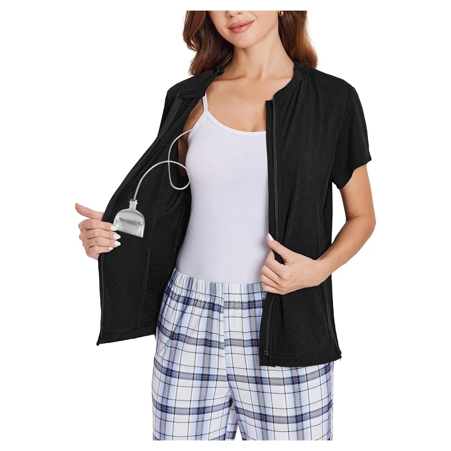 Post-Surgery Mastectomy Shirts for Women with Drain Pockets, Chemo Port Access, Short Sleeve with ZippersGift