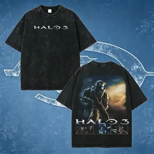 Heavy Cotton Washed Halo 3 Master Chief Double Sided Graphic Tee Oversized Loose Retro Sci Fi Gaming Crewneck Streetwear Casual Daily Outfit Gift For Adult Halo Game Fans Trendy Layering Top