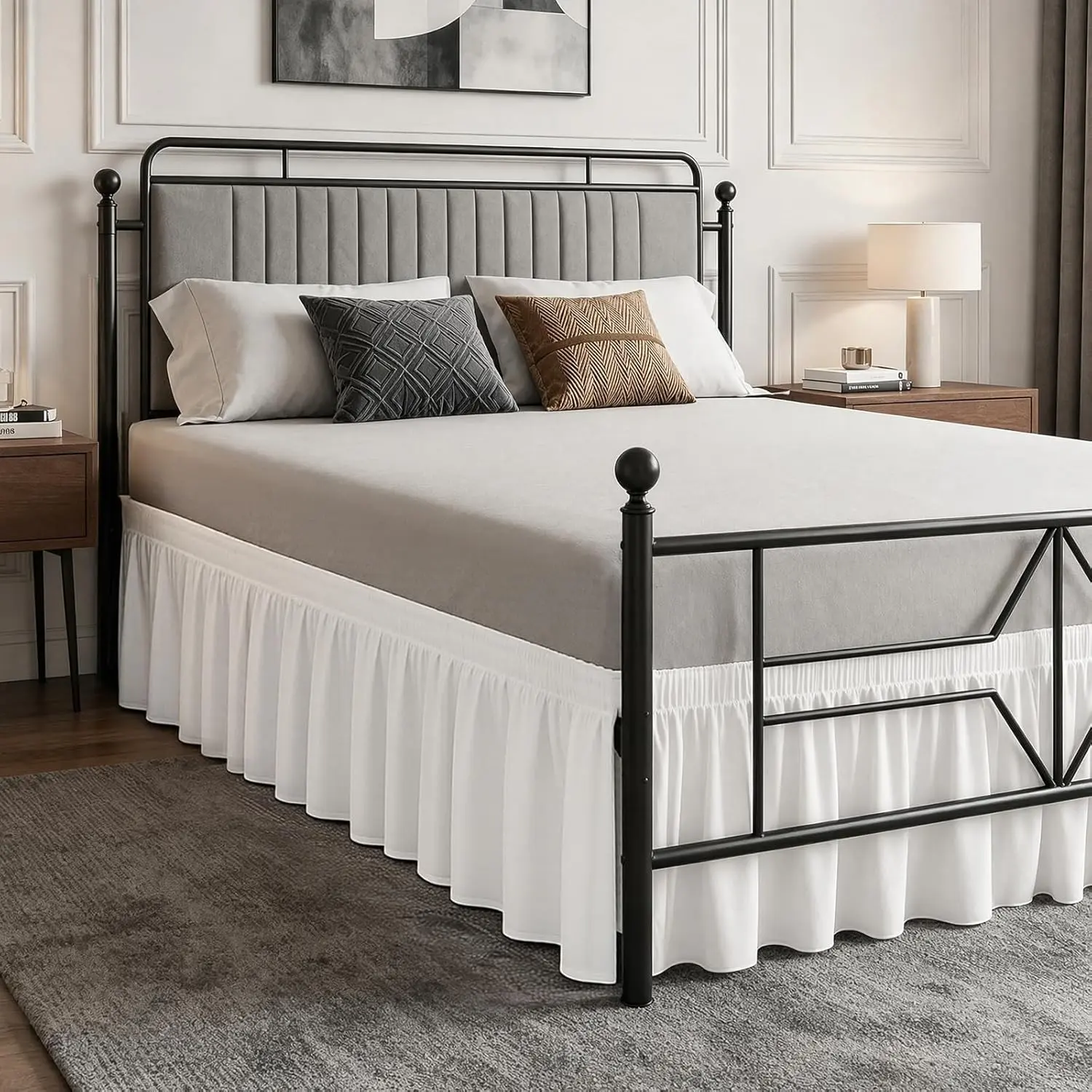 White Split Corner Bed Skirt for Queen Beds 18 Inch Drop, Wrap Around Elastic Dust Ruffle for Easy Fit, Adjustable BedSkirt for Queen Bed, Wrinkle Resistant Microfiber