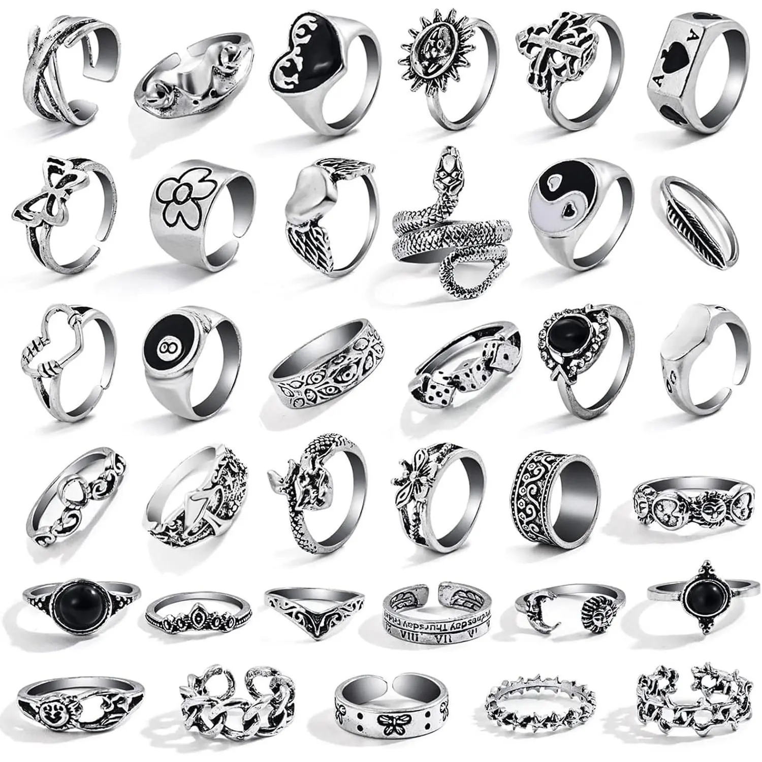 26-35 Pcs   Knuckle Ring Set for Women Men, Gothic Rings | Grunge Chunky Aesthetic Snake Stackable Adjustable Punk Bulky Finger Alt Fairy Skull Frog Heart  Flower Midi Ring Pack