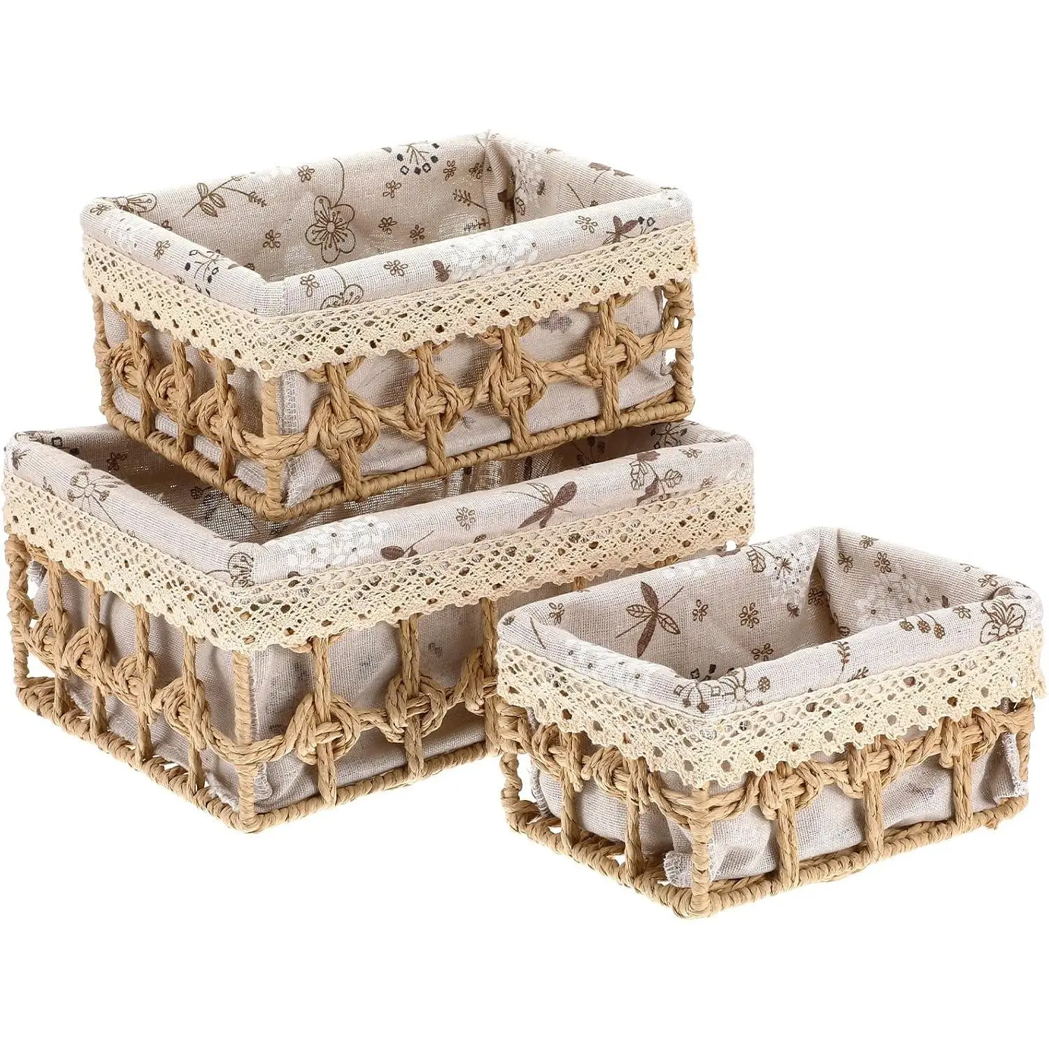 3 Pack Small Wicker Baskets with Lid & Liner, Paper Rope Woven Storage Basket, Rectangular Decorative Boxes Container Bins for Shelves Table Desktop Snacks Gifts Makeup Organizer
