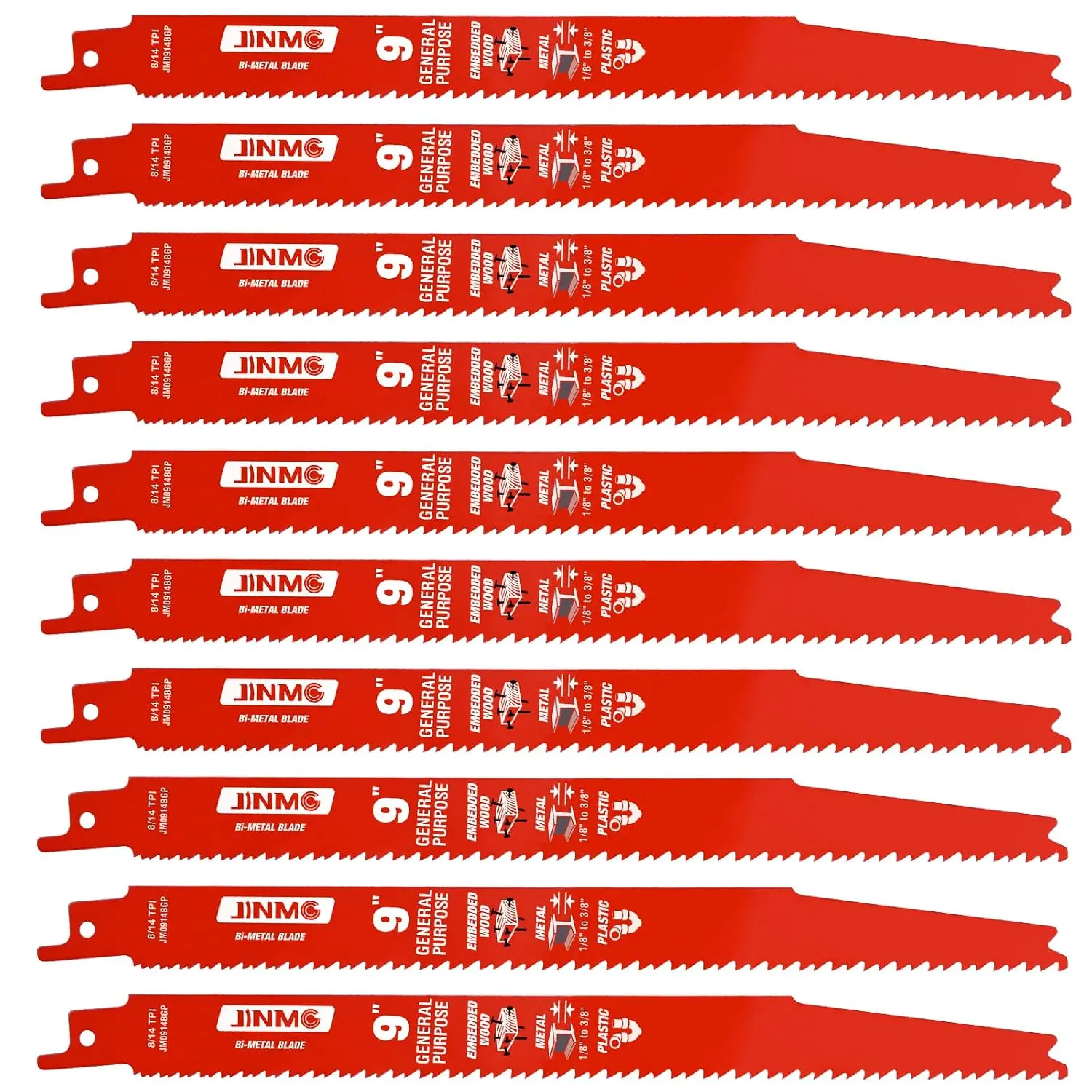 10 Pack 9 Inch 8/14TPI Reciprocating Saw Blades for Sawzall Blades| for Wood and Nail-Embedded Wood Demolition, Cutting 1/8-3/8 Medium Metals, Purpose Cuts, Variable Tooth