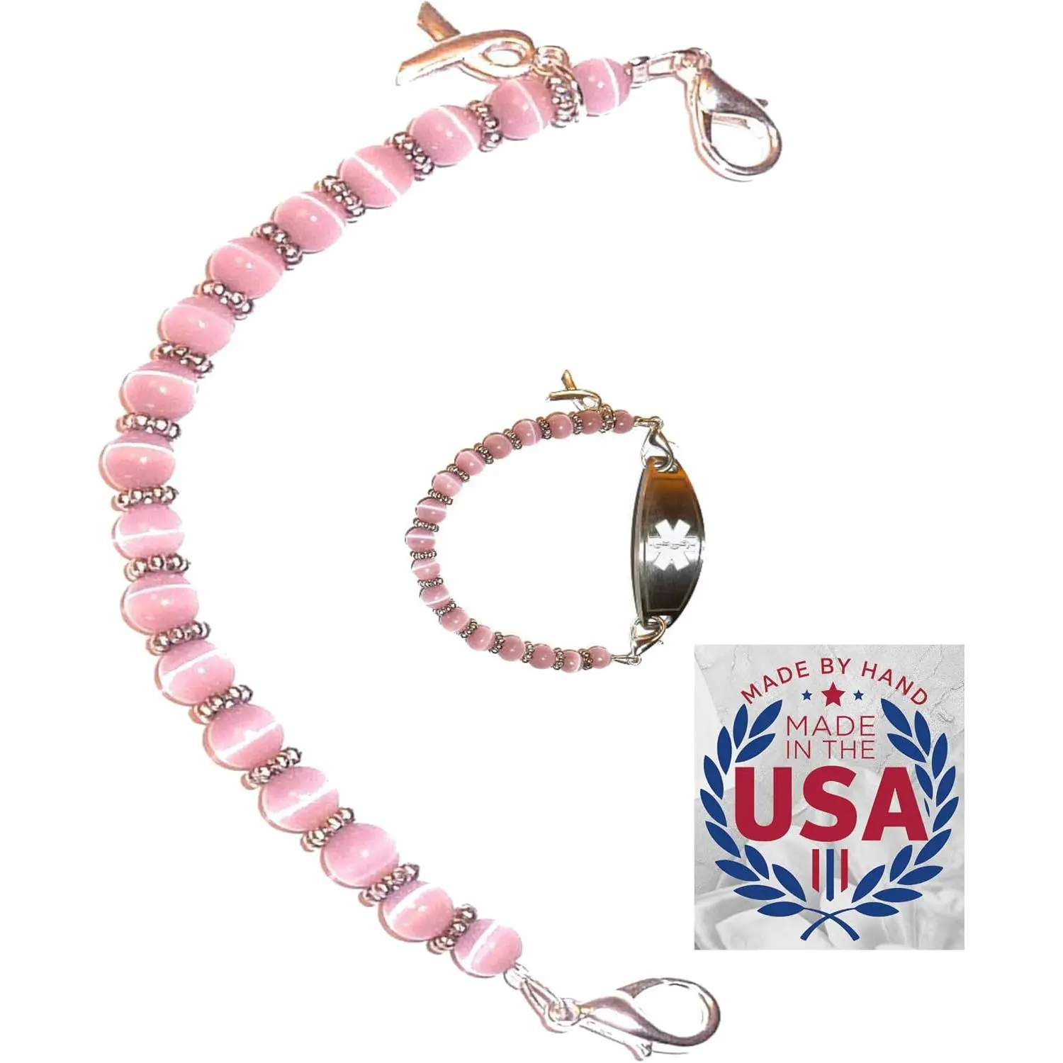 Women's 6.5 or 5.5 inch  Alert ID Interchangeable  Bracelet,  vital info tag Breast Cancer Awareness