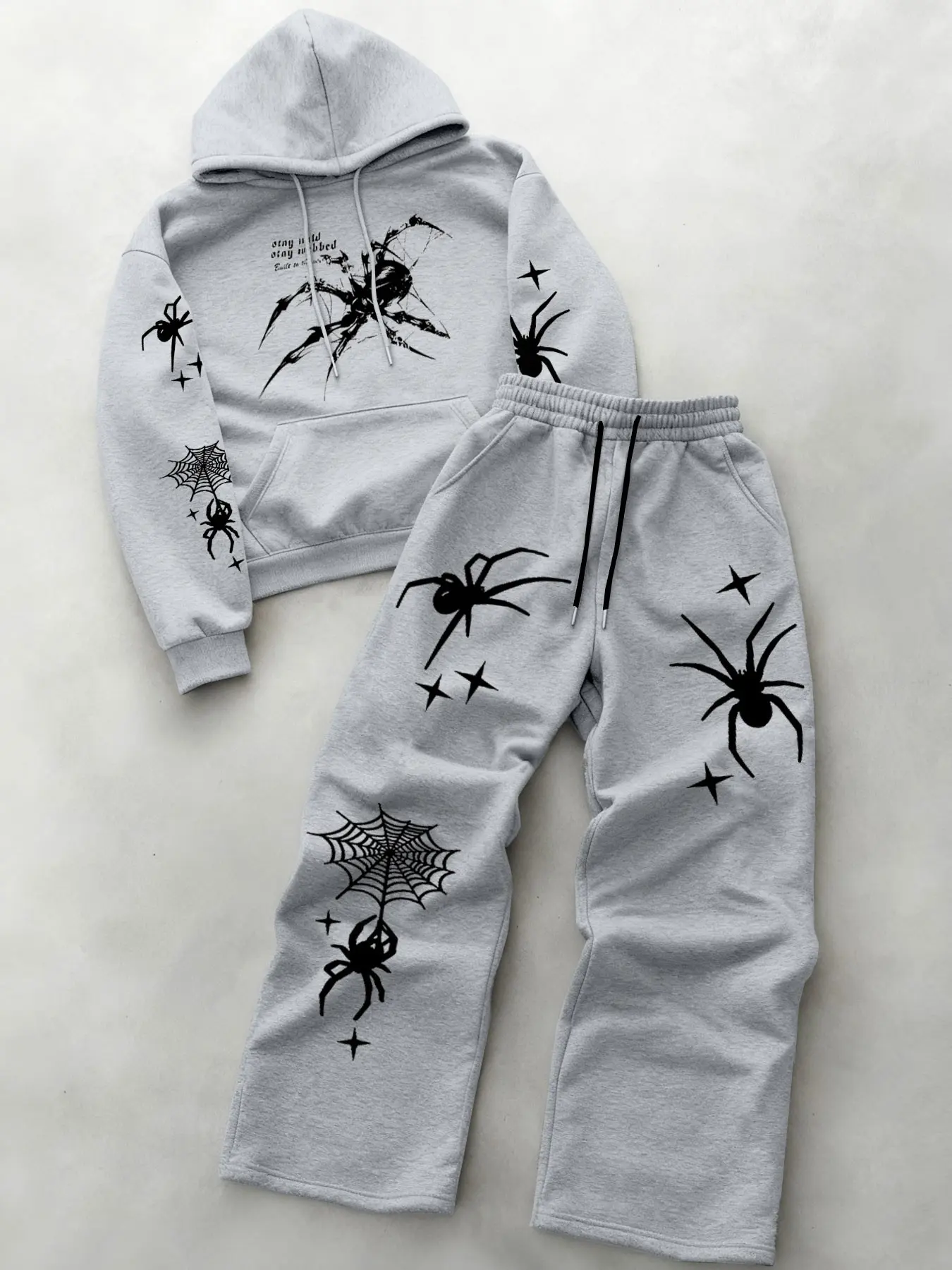 Men's Dark Spider Print Hoodie Set, High Street American Style, Loose Fit Sweatpants Two-Piece Set, Casual Fitted Sweatshirt