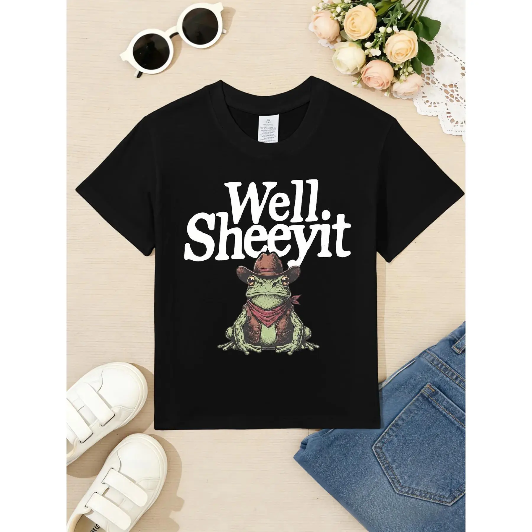 Kids' Graphic T-Shirt, Funny Cowboy Frog Western Print, Soft 100% Cotton Breathable Fitted Cut for Boys and Girls, All Seasons, Breathable Tee, Graphic Print, Soft Cotton, Medium Length, Short Sleeve Tops, Crew Neck, Breathable Fabric