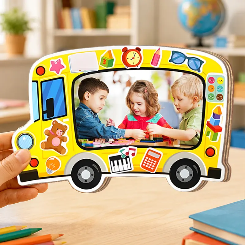 Personalized Wood Photo Plaque Custom Photo Text Back To School Photo Display School Bus Shape Keepsake Sign For First Day Photos Classroom Desk Shelf Room Decor Gift For Students Parents Teachers And Grandparents