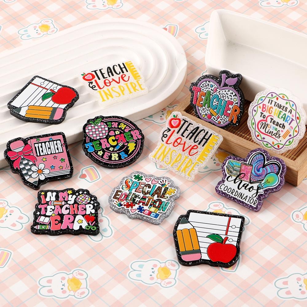 Teacher Theme Acrylic Resin Flat Back Charms, No-Hole Multi-Color DIY Craft Supplies for Badge Reels, Phone Stands, Hair Clips, DIY Jewelry Accessories