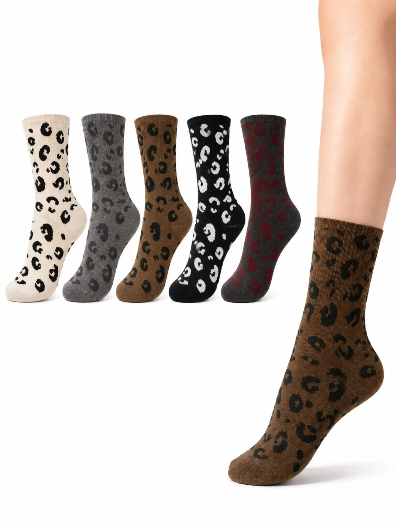 5 Pairs Women's Fashion Leopard Print Crew Socks, Soft Comfortable Daily Wear, Perfect Birthday Gift, Ideal for All Seasons
