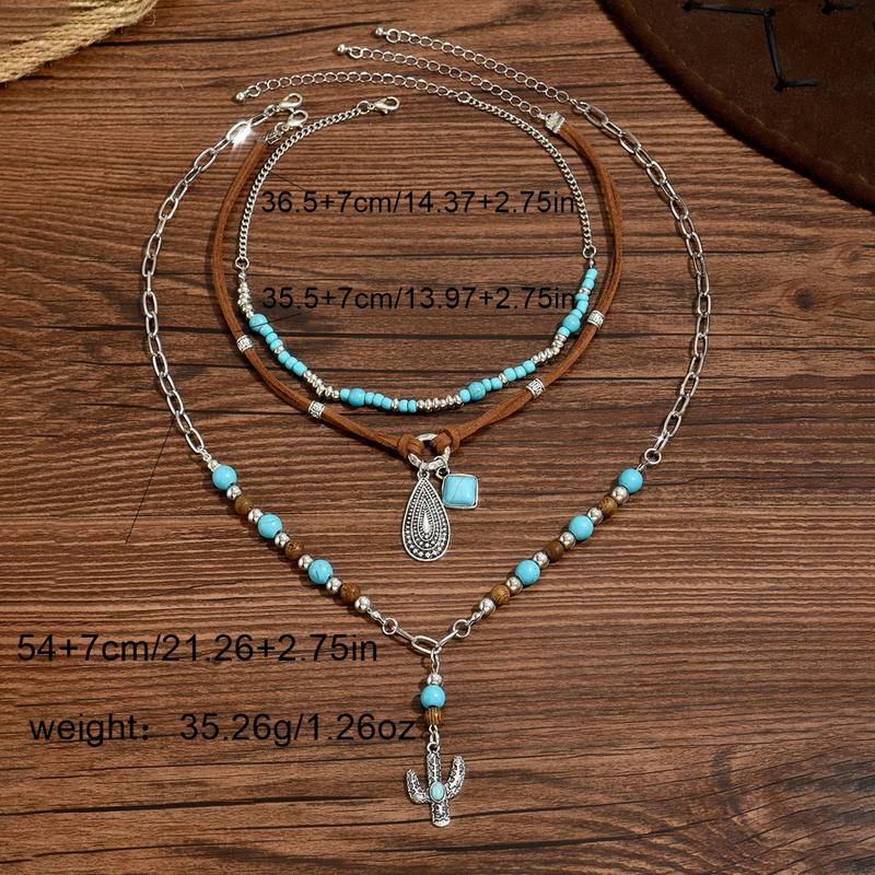 3pc Turquoise Decor Necklace For Women Western Ethnic Trendy Jewelry