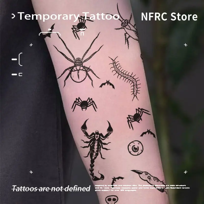 Gothic Bug Collection Spider Scorpion Centipede Bat Eyeball Skull Herbal Juice Temporary Tattoo Semi‑Permanent Waterproof Long‑Lasting Dark Fake Tattoo Stickers for Forearms Men Women