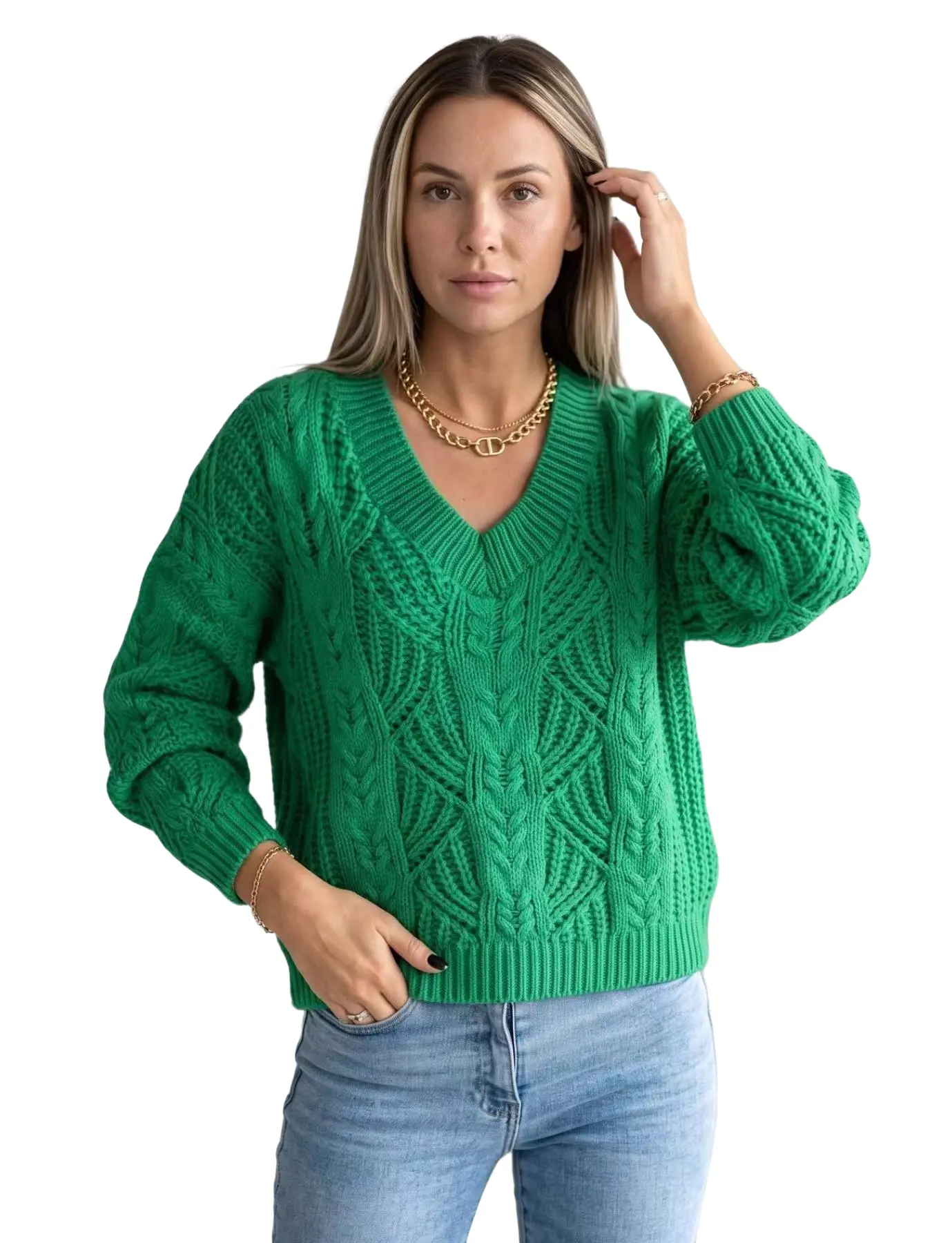 Women's Chunky Knit V-Neck Sweater - Emerald Green Cable Knit Oversized Pullover Top
