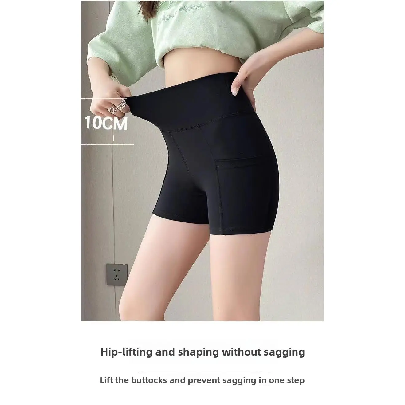 New pocket sharkskin leggings for women, anti-exposure, three-quarter length, high-waisted safety pants, tummy control, slimming yoga shorts