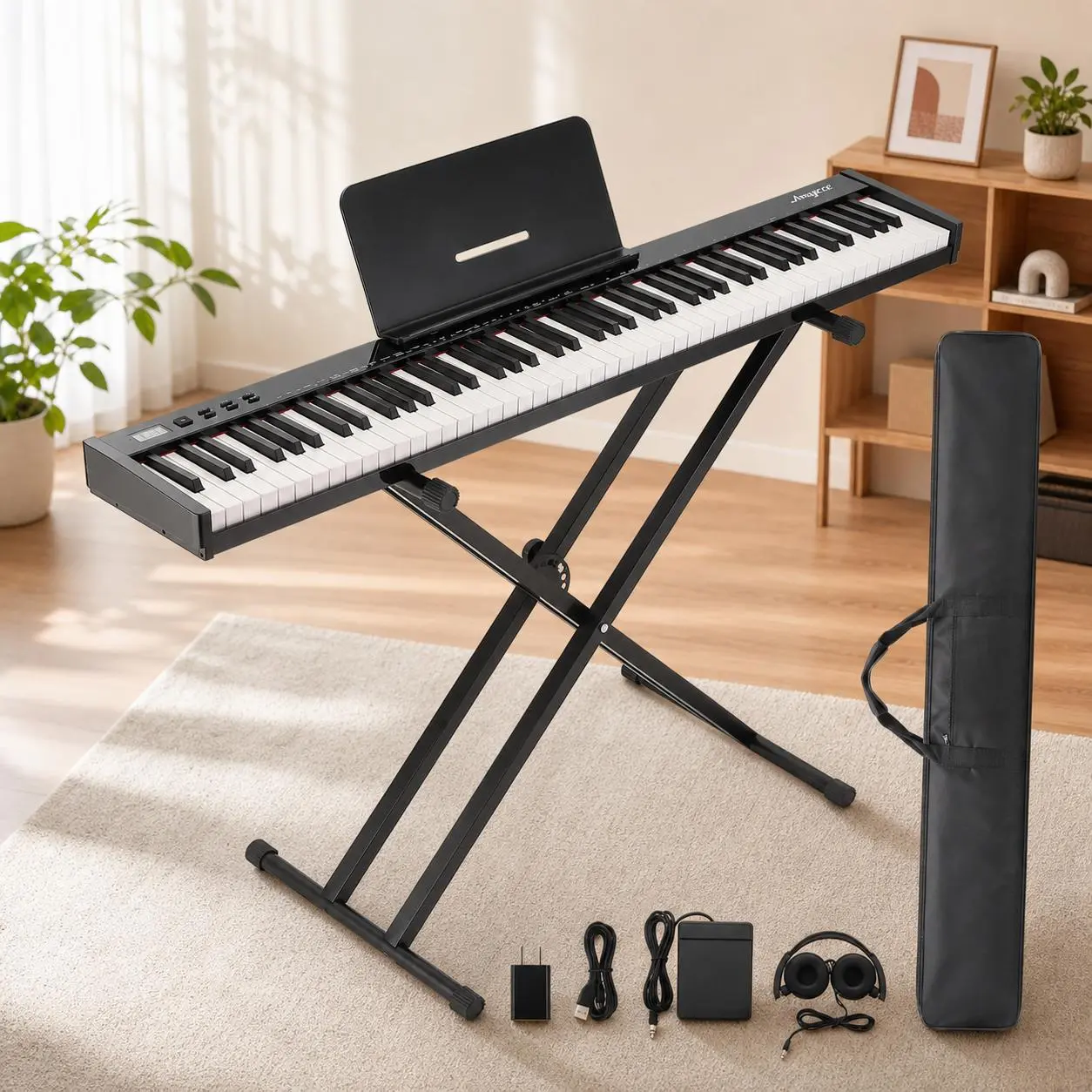 88‑Key Semi‑Weighted Digital Piano, Full‑Size Portable Keyboard for Adult Beginners, Complete Kit with Stand, Sustain Pedal, Power Adapter, Headphones & Carry Bag