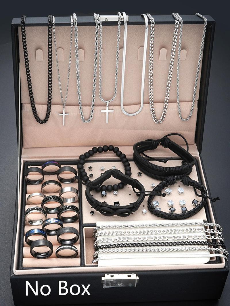 Men's Fashion Jewelry Set, Casual Trendy Cross  Charm Necklace  & Braided Bracelet & Earrings & Rings & Chain Bracelet, Hip Hop Fashion Jewelry Set for Party & Daily Decor