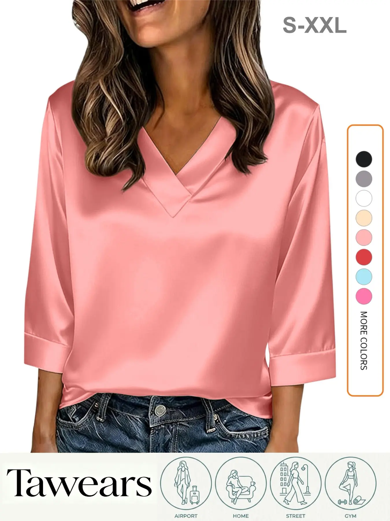Women's Solid Satin V Neck Pullover Top, Loose 3/4 Sleeve Casual Blouse, Spring Summer Fashion Daily Wear, Comfortable and Stylish