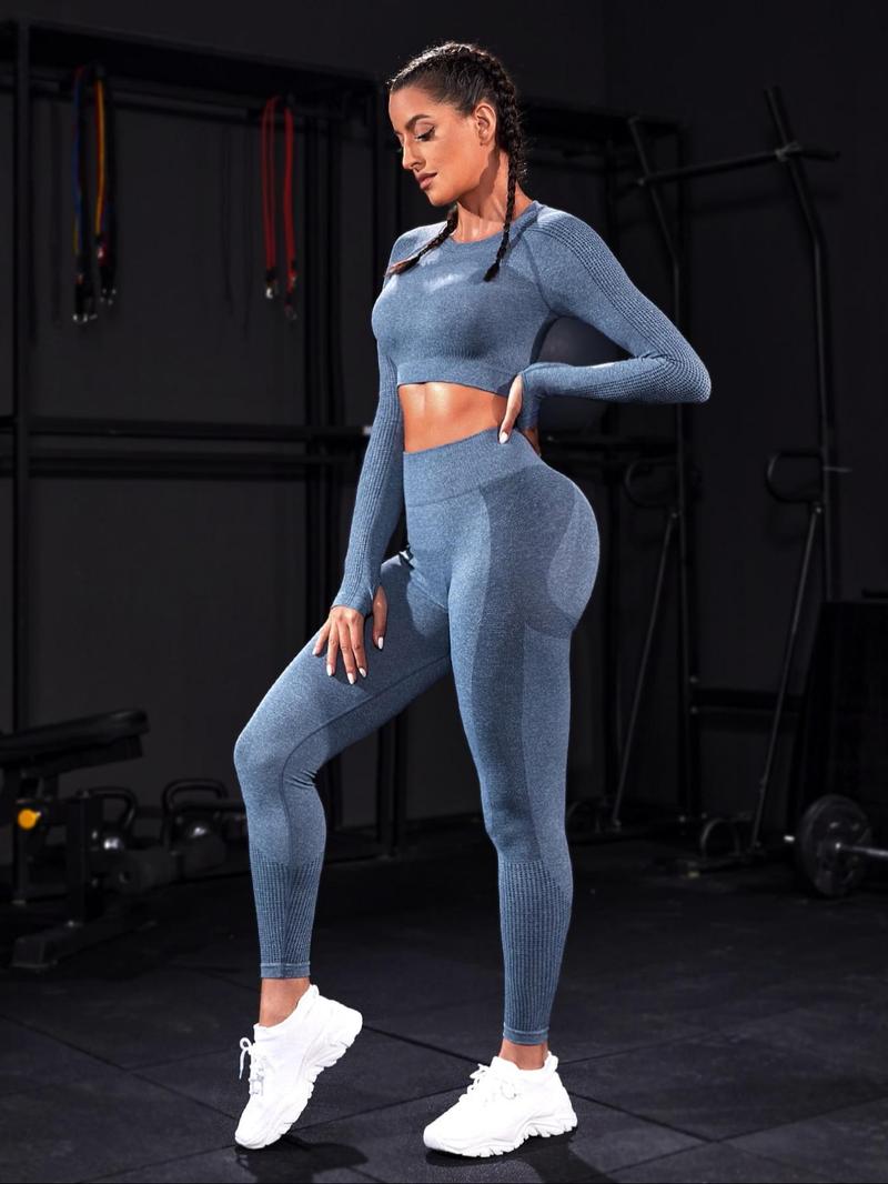 Two-piece Set Sporty Women's Plain Round Neck Crop Top & Ruched High Waist Leggings Tracksuit Set, Sport Comfy Breathable Two-piece Outfits for Yoga Gym Running, Ladies Sportswear for All Seasons, Activewear, Athletic Wear