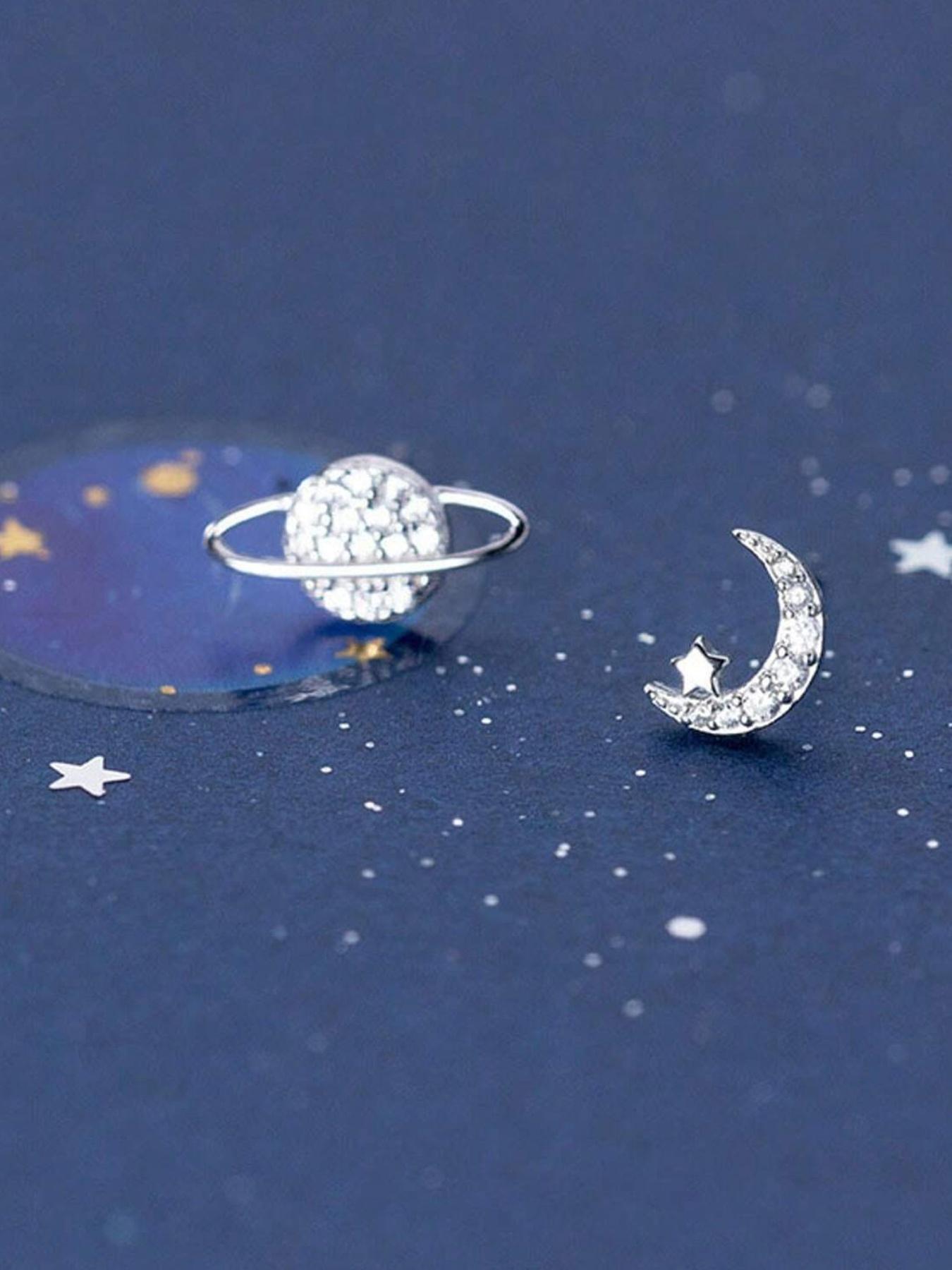 Fashionable Asymmetric Moon & Star Design Earrings,  Rhinestone Decor Stud Earrings, Elegant All-match Jewelry for Girls Gift, Female Classic Fashion Accessories for Daily Wear, Constellation Earring