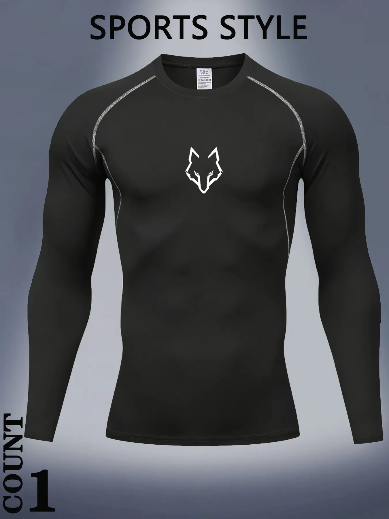 Men's Casual Sport T-Shirt, Compressive Breathable Long Sleeve Quick-Dry, Elastic Tight Fit, Wolf Head Print, Ideal for Cycling Running Outdoor Activities, Compression T Shirt, Compression Tees, Activewear Clothes