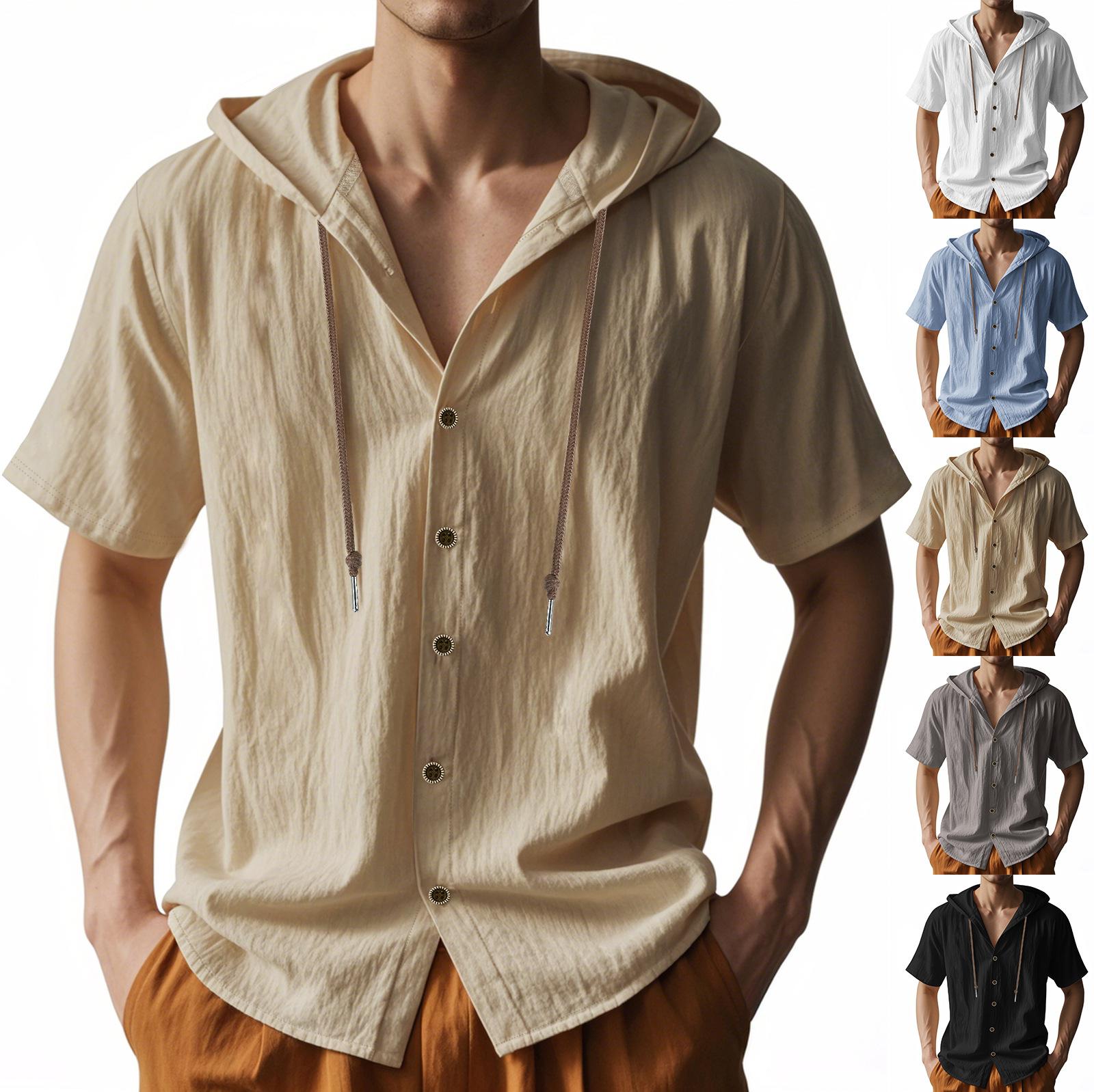 American-style Summer Lightweight Breathable Linen Amekaji Loose-fitting Hooded Men's Short-sleeve Shirt 95% Linen 5% Polyester Casual Menswear