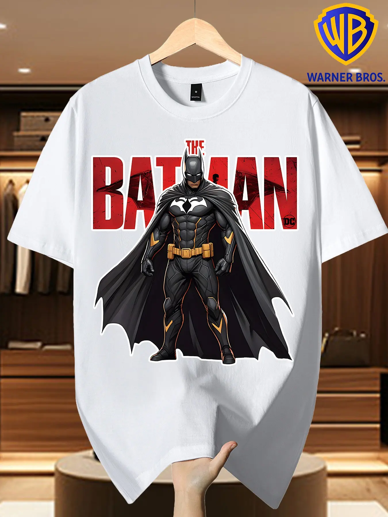 Warner Bros Batman Print T-Shirt, Dark Knight Superhero Pattern, Casual Long Sleeve Top, Loose-Fit Comic Fan Apparel