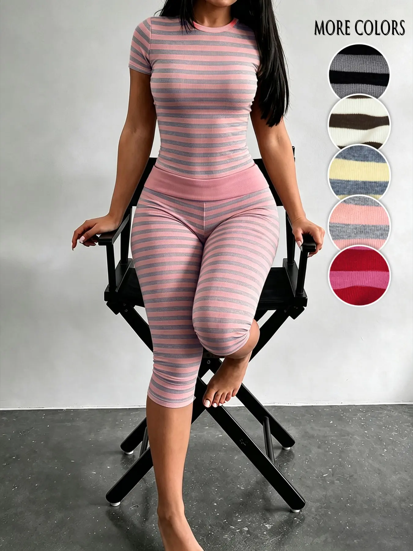 Women's Striped Ribbed Knit 2-Piece Set Crew Neck Short Sleeve T-Shirt & High Waist Capri Pants Stretchy slim fit made of soft fabric Y2K style, perfect for loungewear, daily casual wear outdoor and fitness outfits Clothes