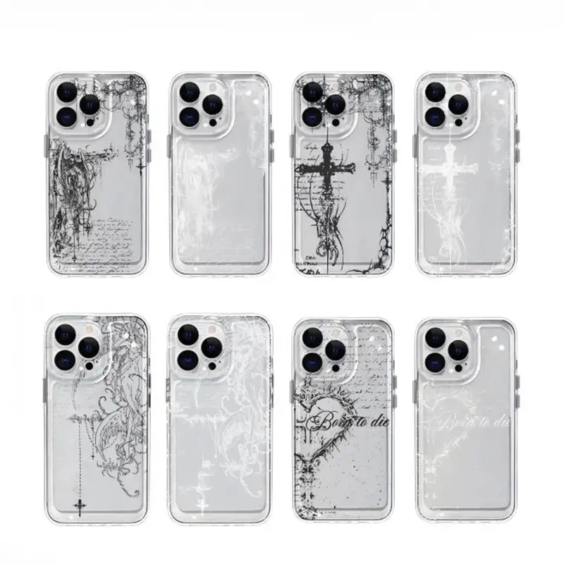 Grunge Gothic Cross Thorn Heart Clear Phone Case, Dark Y2K Aesthetic Distressed Tattoo Print Born To Die Text Shockproof Cover Compatible with iPhone 17/16/15/14/13 Pro Max & Samsung S26/S25/S24Ultra