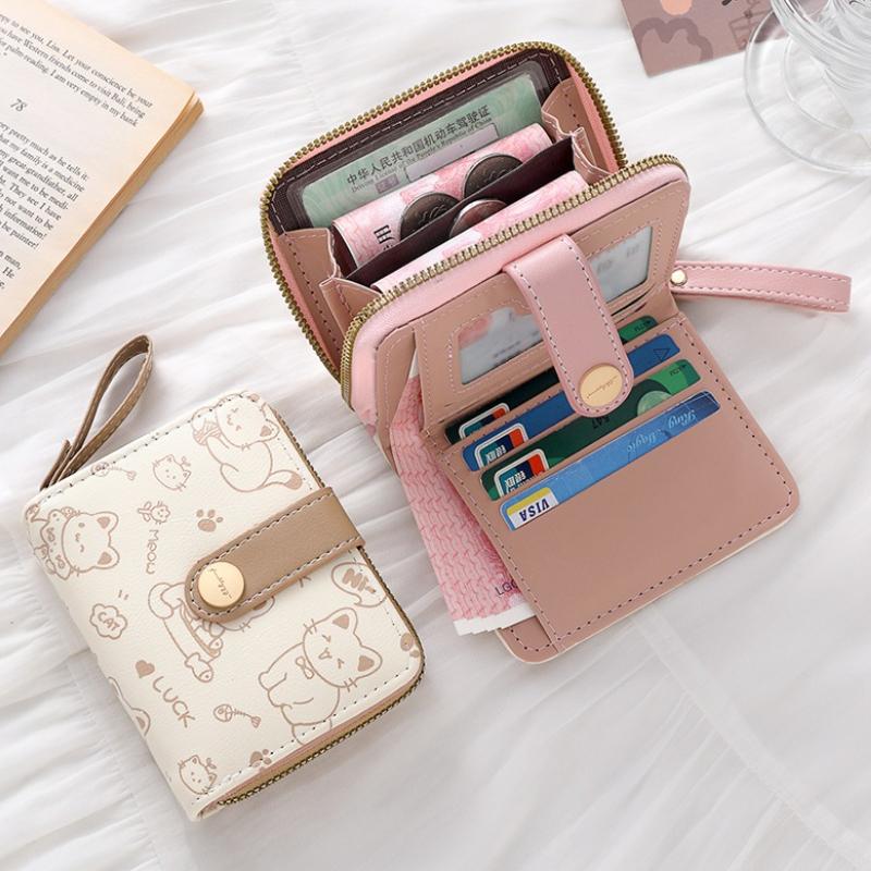1pc Cute Cat Cartoon Coin Purse Girls Short Wallet PU Leather Large Capacity Lightweight ID Card Holder Mini Wallet Fashion
