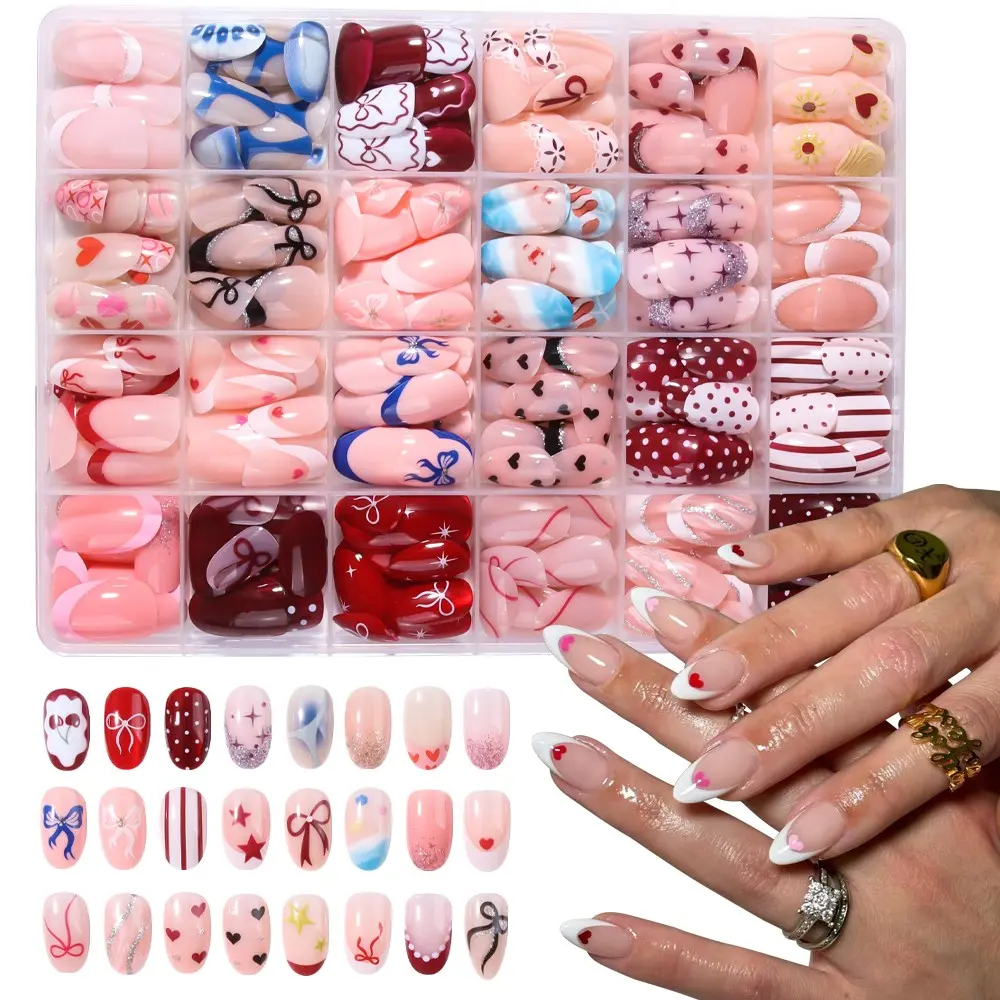 576pcs French Almond Press-On Nails, Heart, Polka Dot, Butterfly, Lip, Star, Cartoon, Striped, Minimalist Designs, DIY Nails Art, Summer Manicure Essentials