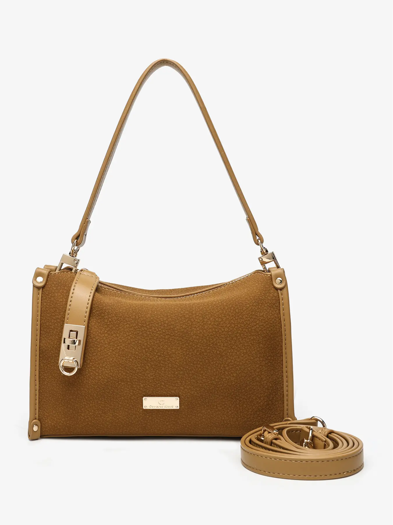 COVERAL KLORS Vintage Brown Fuzzy PU Baguette Shoulder Bag Multiway Crossbody Handbag Soft Texture Small Underarm Bag Women Daily Work Purse