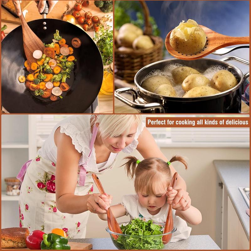 9PCS Natural Teakwood Kitchen Utensil Set With Spoon Rest, Soft-Grip Wooden Cooking Spoons & Tools, Non-Scratch Utensils For Non-Stick Cookware, Kitchen Cooking Accessories